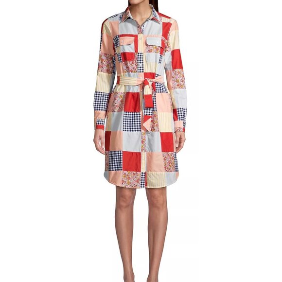 Lands End Patchwork Quilted Shirt Dress With Belt 100% Cotton Multicolor Size L - Picture 2 of 10